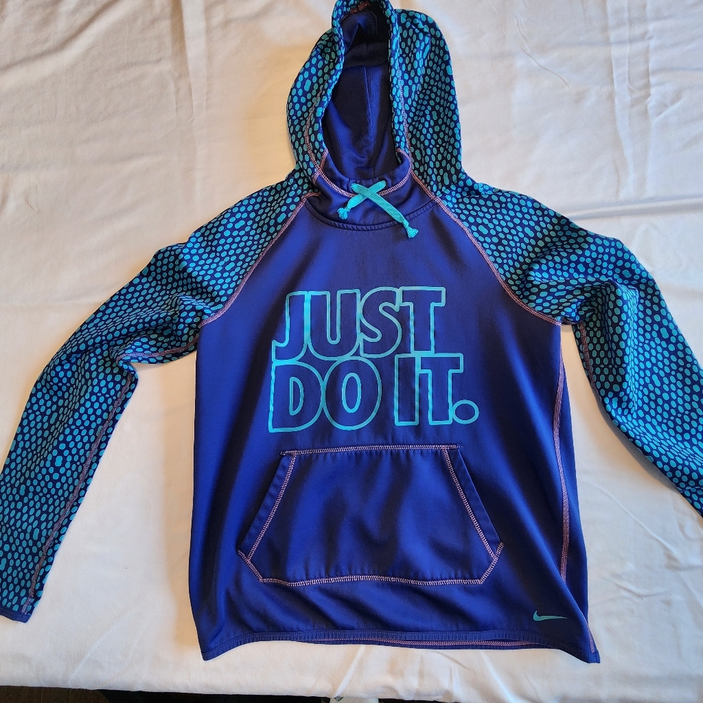 Nike pullover hoodie, womens small "Just Do It" purple, turquoise, Therma-Fit